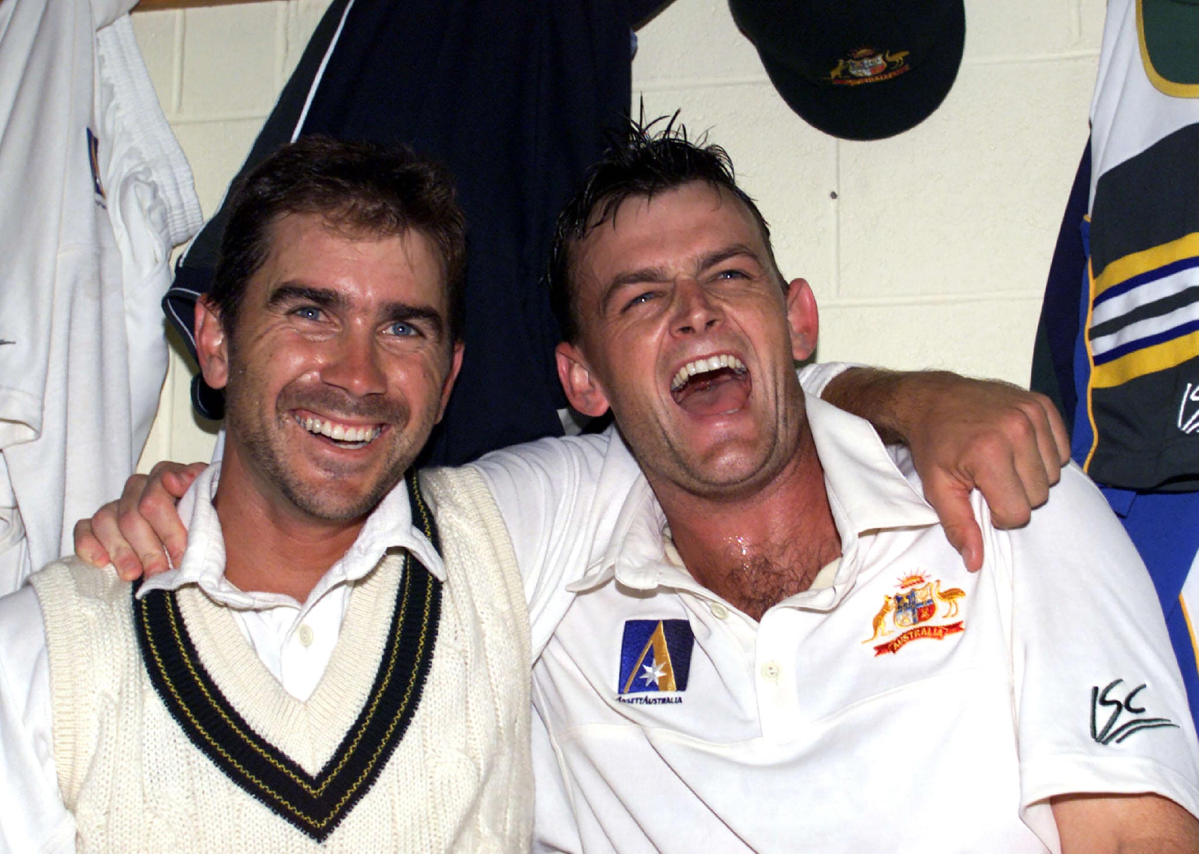 Cricketer Justin Langer with Adam Gilchrist celebrating their victory.
Cricket - Australia vs Pakistan fifth day of Second Test match in Hobart 21 Nov 1999.