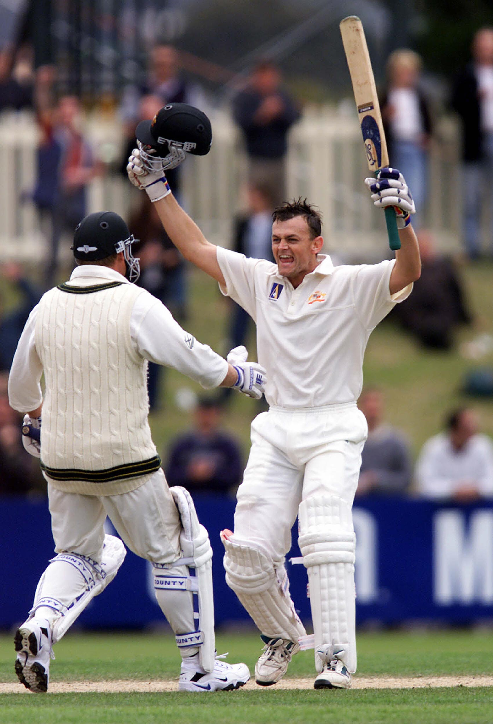   Cricketer Adam Gilchrist (r) celebrating with Shane Warne.
Cricket - Australia vs Pakistan fifth day of Second Test match in Hobart 21 Nov 1999. 
/Cricket/Australia/vs/Pakistan  